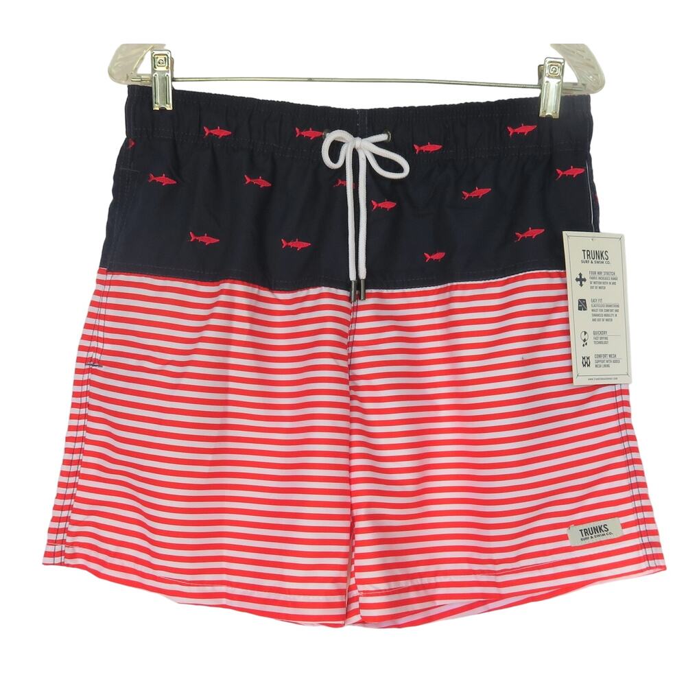 NWT Red White Blue Sharks TRUNKS SWIM + SURF Men's Swim Trunks Sz M 4th July